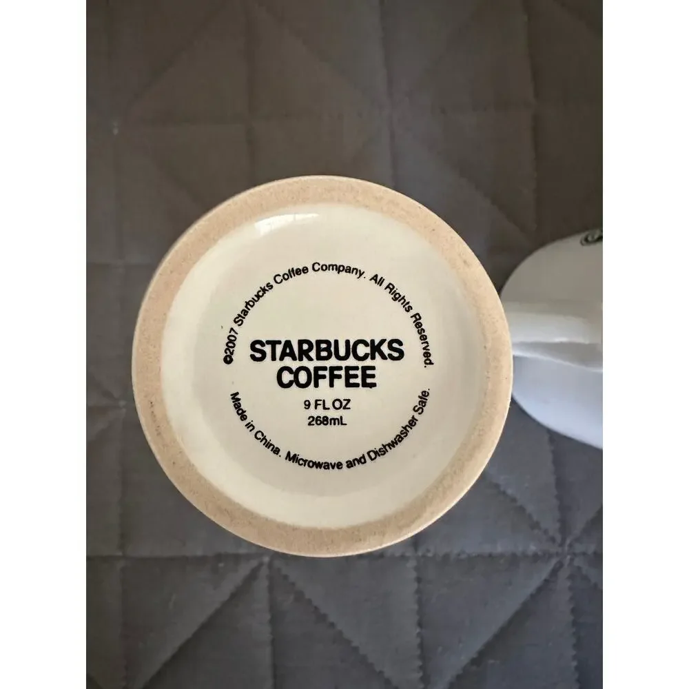 Starbucks Mermaid Logo White Coffee Cups 2007 Open Handle 9oz set of 2